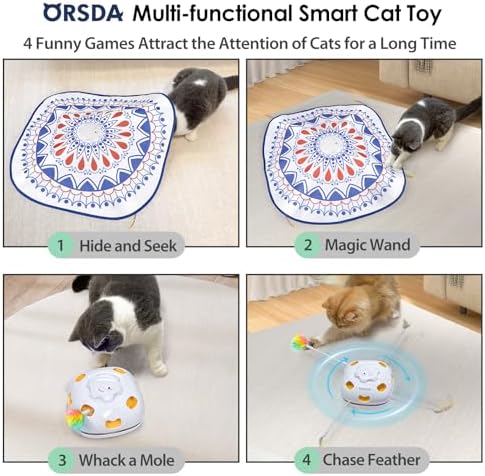 ORSDA Cat Toys, 4 in 1 Interactive Cat Toys for Indoor Kitten, Automatic Electric Enrichment Hide and Seek, Chase the Feather, 8 Holes Mice Whack-A-Mole, Catch Magic Wand