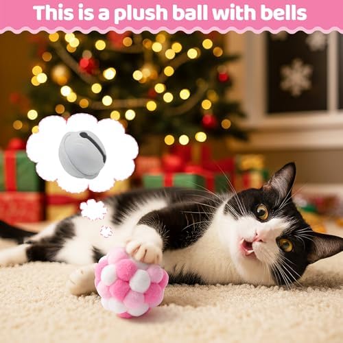 MALLMALL6 Christmas Stocking Cat Toys - 12Pcs Interactive Kitty Gifts Pink Xmas Hanging Stocking Feather Teaser Wand Mice Crinkle Bells Ball Spring Toys for Indoor Kitten