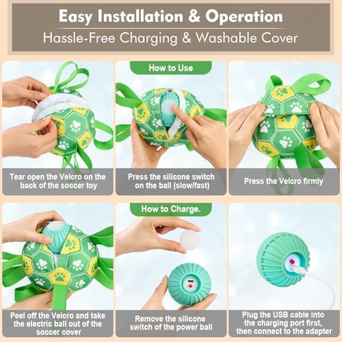 Interactive Dog Toys Dog Soccer Ball to Keep Them Busy(Green) | Durable Automatic Moving Jumping Dog Balls with Straps for Small/Medium/Large Dogs,Rechargeable,Not for Aggressive Chewers