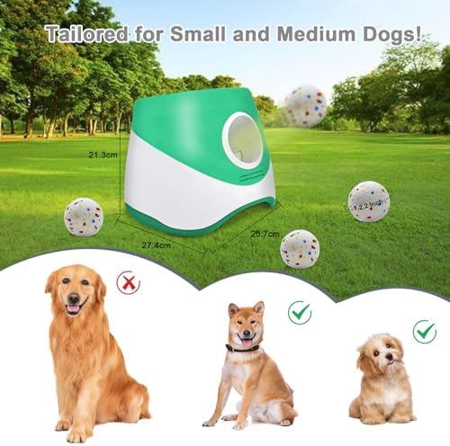 MEKAPLE Automatic Dog Ball Launcher for Samll to Medium Dogs, Upgraded Interactive Toy Balls Thrower, Distance Adjustable Mental Stimulating Dog Toys with 4 Etpu Balls 2.2 Inch (Green)