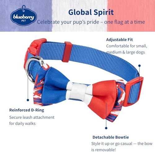 Blueberry Pet 2 Patterns Patriotic Spirits France Flag Adjustable Bowtie Blue Dog Collar - Handmade Bow Tie w/Jacquard Weave Fabric, Small, Neck 12"-16"
