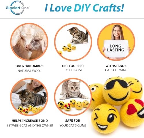 Glaciart One Wool Emoji Ball Cat Toy – 5 Pcs with Catnip - Soft Fuzzy Enrichment 100% Natural Felt Cat Toy - Interactive Play Set - Safe for Pets, Non-AZO Colored Dyes – 1.5”