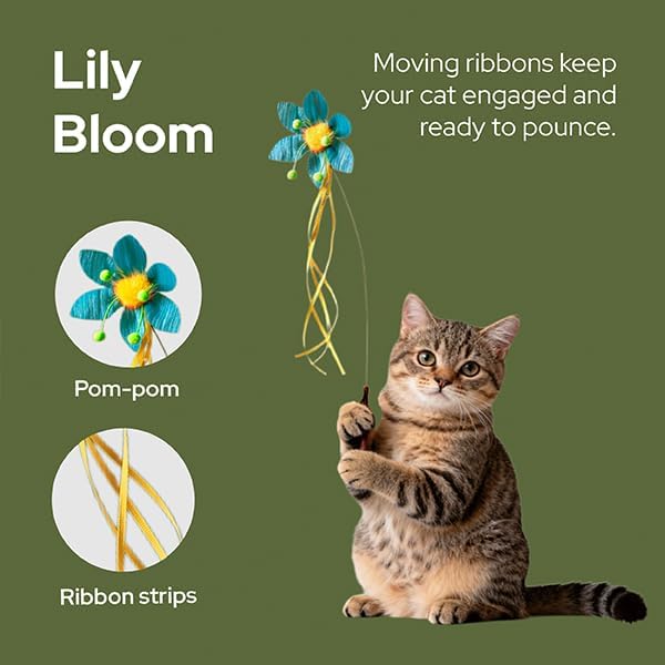 Artisan-Crafted BloomPlay Cat Wand Toy, Colorful Interactive Teaser with Storage, Durable & Bite-Resistant, Aesthetic Cat Toy for Indoor Cats (Lily Bloom)