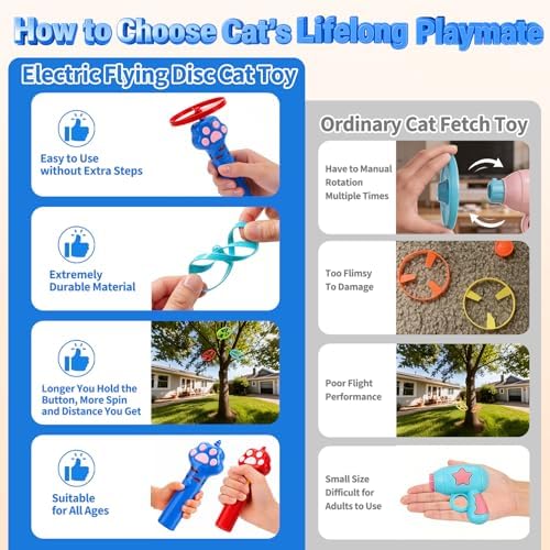 BABORUI Cat Toy Disc Launcher, Rechargeable Interactive Cat Fetch Toy Launcher with 8 Flying Discs, Flying Enrichment Toys for Indoor Bored Kittens & Adult Cats (Blue)