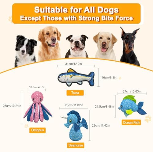 11.42" Recycled Canvas Seahorse Squeaky Dog Toy, Durable Stuffed Chew Toy for Puppy Teething, Interactive Play for Small Medium Large Dogs