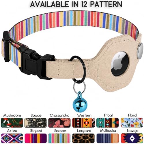 Breakaway Cat Collar with Leather AirTag Holder & Bell - Apple Air Tag Cat Collars for Girls & Boys, Lightweight Anti-Lost GPS Tracker Design, Printed Pattern - Safety and Adjustable (Serape)