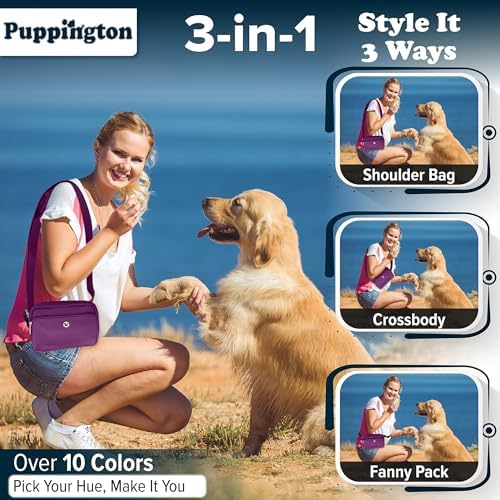 Puppington 3-in-1 Crossbody & Dog Treat Pouch for Pet Training - Matching Compostable Poop Bags, Built-In Poop Bag Dispenser & Slow-Feeding Travel Dog Bowl - Dog Walking Bag (Plum Wine)