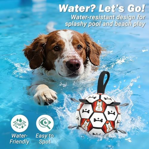 Dog Toy Balls, Dog Soccer Ball with Straps, Interactive World Cup Soccer Ball for Medium Dogs, Water Fetch Toys, Tug-of-War, Herding Ball Toys Outdoor, Dog Birthday Toy, Black (6 Inch)