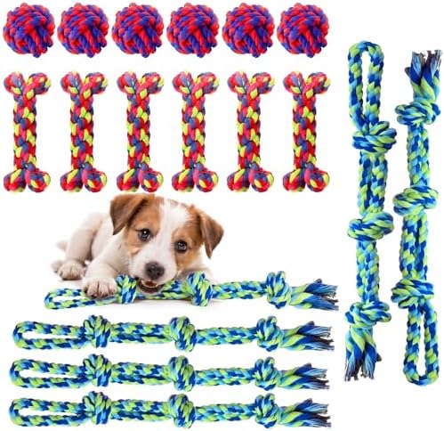 18 Pcs Dog Rope Toys Set Interactive Cotton Chew Toys for Aggressive Chewers 3 Knots Rope Balls for Medium Small Dog Puppy Tug of War Pet Teeth Cleaning Fun Training Birthday Gifts