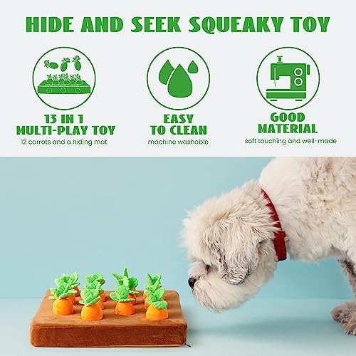 Nocciola Carrot Puzzle Dog Toys, 12PC Squeaky Carrots & Farm Snuffle Mat for Hide and Seek Snuffle Toys for Small and Medium Dogs, Carrot Patch Dog Toy to Keep Them Busy