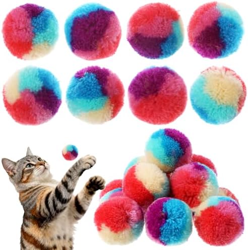 Xindojuz 20 PCS Cat Pom Pom Balls, Assorted Color Fur Toy Kitty Yarn Puffs, Small Plush Interactive Soft Fuzzy Kitty Toy Balls for Indoor Pet Cat Kitten Teething, Chasing & Self Play, 0.98 Inch