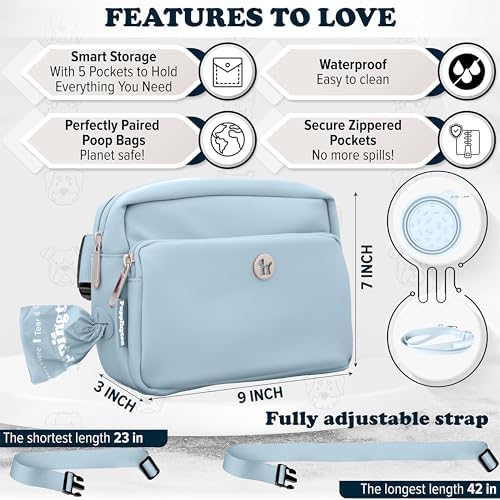 Puppington 3-in-1 Crossbody & Dog Treat Pouch for Pet Training - Matching Compostable Poop Bags, Built-In Poop Bag Dispenser & Slow-Feeding Travel Dog Bowl - Dog Walking Bag (Ice Blue)