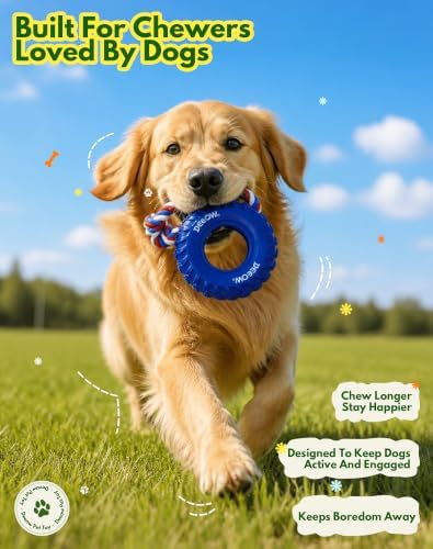 Deeow Tether Dog Tire Chew Toy for Teething & Treat Dispensing-Blue 6.3''