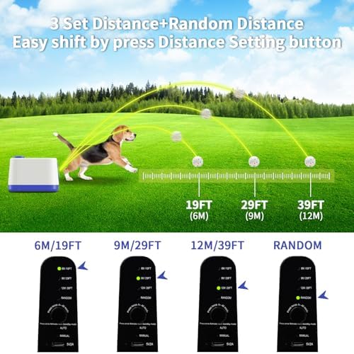 Automatic Dog Ball Launcher, Dual Auto-Manual Modes with Dog Barking Sound, Interactive Dog Fetch Toy, 3 Adjustable Distances, Dog Balls Thrower for Small & Medium Dogs, with 4 Durable ETPU Balls