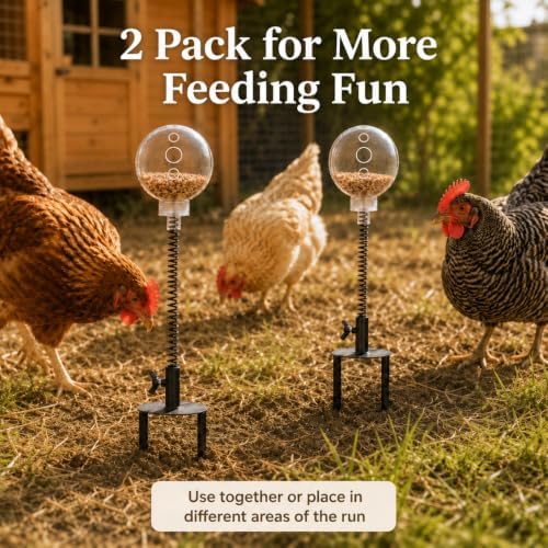 Chicken Treat Dispenser Toy 2 Pack, Spring-Action Treat Balls with Screw-Secured Ground Stakes, Slow Feeder Pecking Enrichment Toys for Hens, Backyard Chickens and Poultry