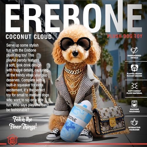 Erebone – Luxurious Parody Plush Dog Toy with Squeaker, Premium Fabric, Embroidered Details, Designer-Inspired Chew Toy, Fun Gift for Small to Medium Dogs & Dog Lovers