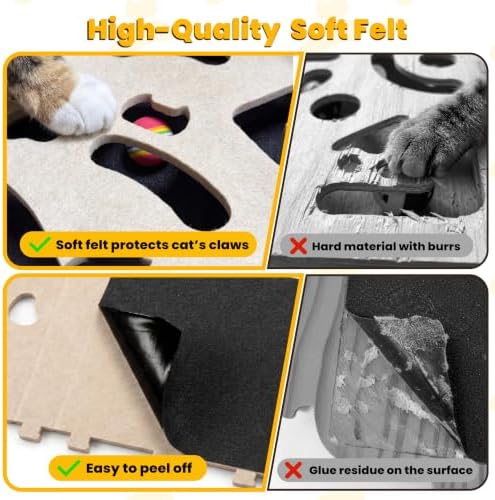 5-in-1 cat nail file scratcher enrichment box - interactive cat toys for indoor cats, Large felt cat puzzle feeder with replaceable sandpaper, Includes 6 balls ,4 spring toys,and feather toy(beige)
