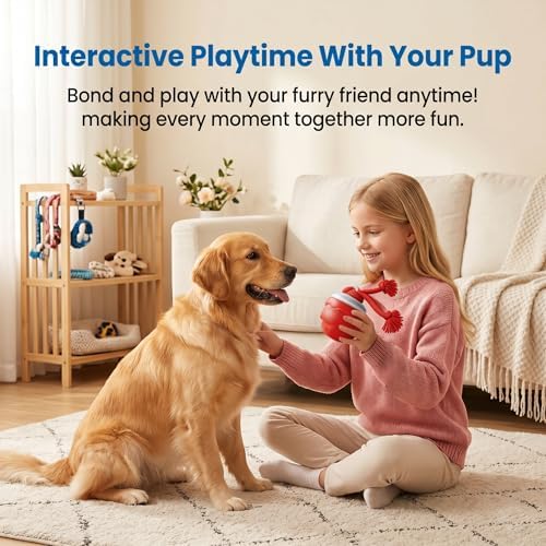 Interactive Dog Toys, Automatic Rolling Ball with Rope, Red