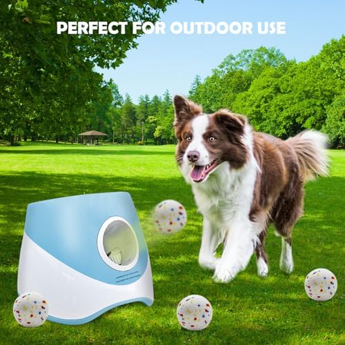 MEKAPLE Automatic Dog Ball Launcher for Samll to Medium Dogs, Upgraded Interactive Toy Balls Thrower, Distance Adjustable Mental Stimulating Dog Toys with 4 Etpu Balls 2.2 Inch (Blue)