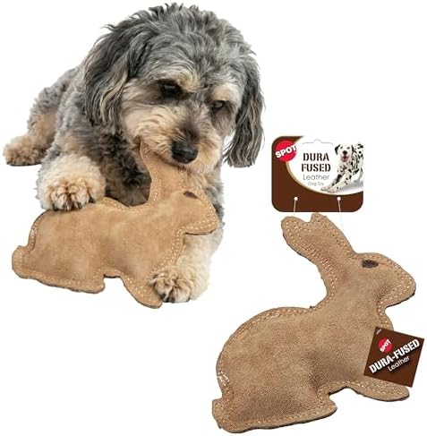 SPOT Dura-Fused Leather Rabbit Dog Toy – Durable Real Leather & Jute Chew Toy with Squeaker, Double-Stitched for Moderate Chewers, Small & Medium Dogs, 7.5in
