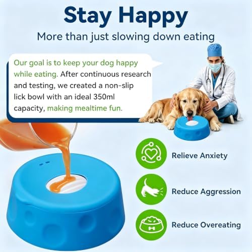 Dog Lick Bowl Ball Slow Feeder, Licking Bowl for Liquid Treat with Rolling Spin Sphere Roller Licker, Licky Feed Calming Anxiety Relief Enrichment Yogurt (Blue)
