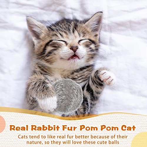 LEIFIDE 12 Pcs Real Rabbit Fur Ball Poms Cat Toys, Gray, Coffee, White