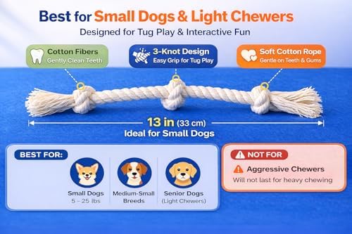 2-Pack 13" 3-Knot Dog Rope Toys for Puppies & Small to Medium Dogs, Natural Cotton Tug Toys for Interactive Indoor & Outdoor Play, Fetch, Teeth Cleaning, Training, Light Chewers, Washable, White