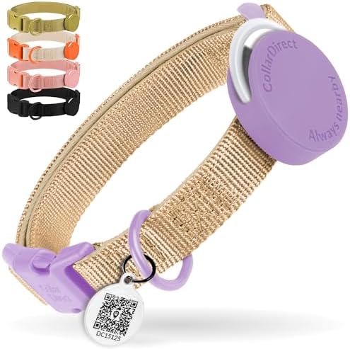 CollarDirect Airtag Nylon Dog Collar Silicon Holder Designed for Apple Airtag with QR Tags Personalized Dogs Puppies 5 Colors Black Pink Violet Green Orange (Violet, S)