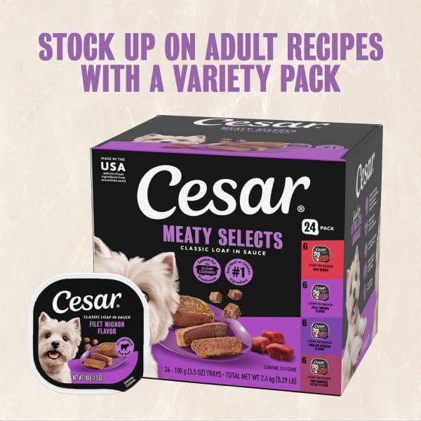 Cesar Classic Loaf in Sauce Wet Dog Food, Meaty Selects, 3.5 oz, 24 Count | Made in USA, Real beef or chicken #1 ingredient, no fillers or artificial flavors, slow-cooked, easy peel trays