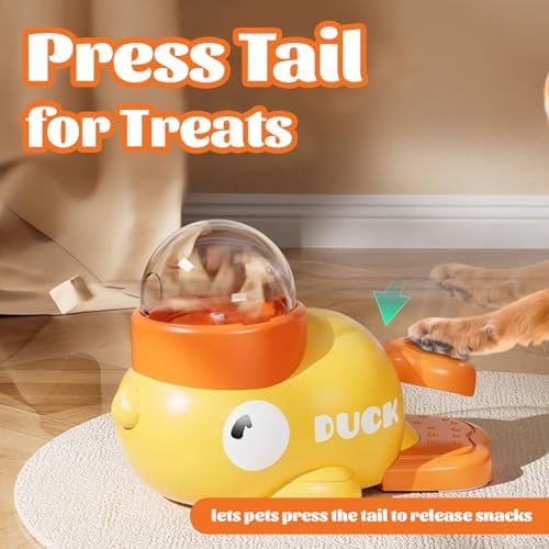 Interactive Duck Dog Treat Dispenser Toy – Slow Feeder Puzzle for Dogs with Bonus Chew Rope Toy, Tail Press Food Dispenser, Fun Training & Enrichment Feeder, Easy to Clean (Yellow)