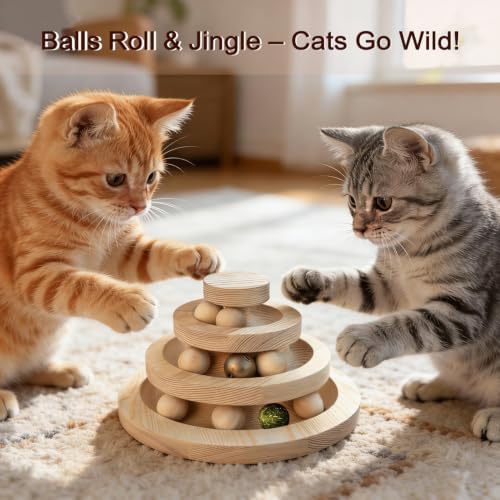 Solid Wood Cat Ball Track,Heavy Duty 3-Tier Interactive Cat Toy Tower with 9 Removable Balls,Bell & Catnip,No Assembly Required,Anti-Tip Sturdy Base for Indoor Cats, Kittens & Large Cats
