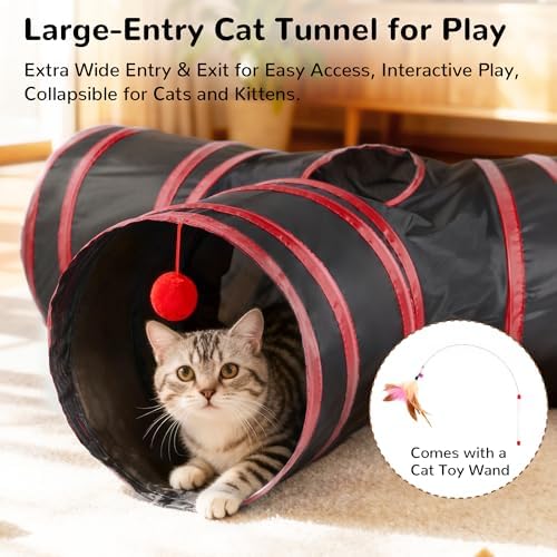 Tempcore Cat Tunnel, 3-Way Collapsible Toy for Indoor Cats, Black & Red