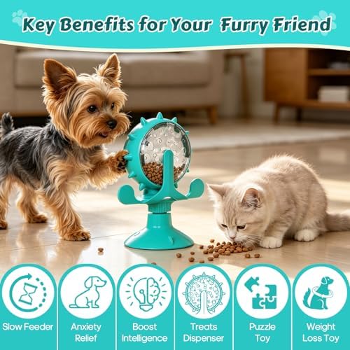 Cat Food Treat Dispenser Toy Interactive with 360°Rotating Windmill Suction Cup for Indoor Cats, Kittens & Small Dogs Slow Feeder Snack Exercise & Distribution Wheel Toy