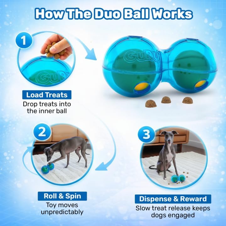 Guru Duo Ball - Interactive Enrichment Toy with Durable Rubber for Roll, Spin & Tumble Fun & Mental Stimulation - Perfect Interactive Dog Toy to Keep Dogs Busy and Occupied - Medium 7.25" Blue Dog Toy
