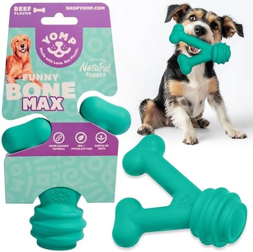 Yomp FunnyBone MAX: All-Natural Rubber Dog Toy, Nontoxic, Safe for Pet Play, Teal Colored, Dishwasher Safe, Freezer Safe for Teething Relief, Fun Dog Bone Toy