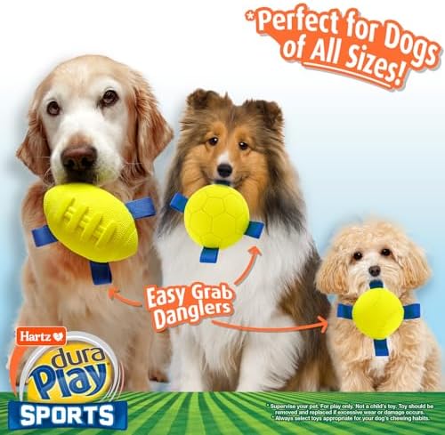 Hartz Dura Play Sports Ball Variety Dog Toy, Bacon Scented Squeaky Latex Yellow & Blue Toy, 3 Count
