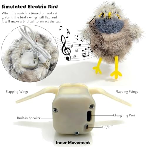 Tipmant Realistic Electric Birds Cat Teaser Interactive Toy Kitten Kitty Exercise, Touch Activated, Rechargeable, Chirp, Flap Wings with Catnip (Grey Cuckoo)
