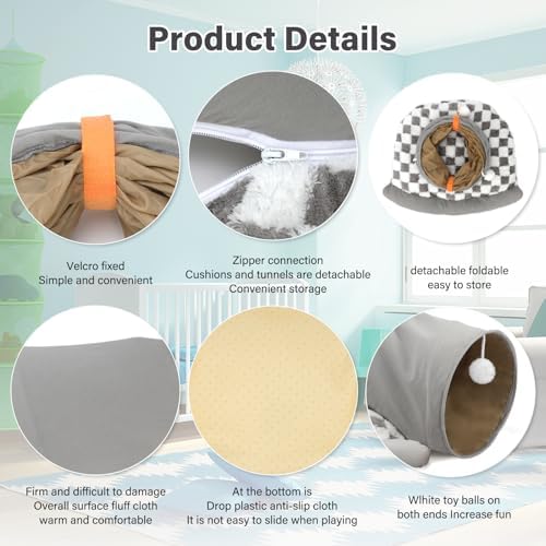 BWOGUE Bunny Tunnel Bed, 2-in-1 Rabbit Tunnel Hideout with Mat, Gray