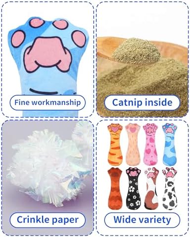 PET SHOW 4 Pack Cat Kicker Toys with Catnip Crinkle Sound Cat Toy Random Assorsted Stuffed Plush Kittens Paw Shape Natural Interactive Toys for Indoor Cats