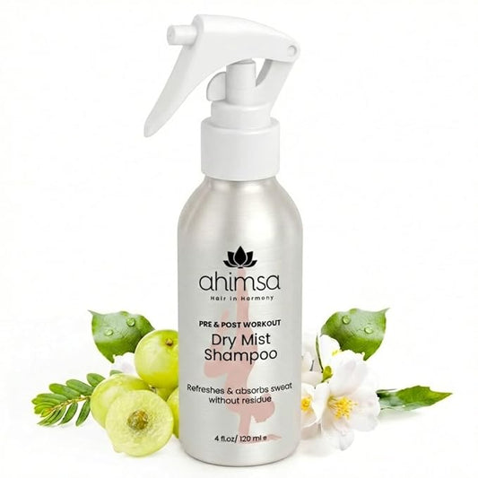 Ahimsa Non Aerosol Dry Shampoo Mist Spray, No White Residue Dark Hair Post Workout Dry Shampoo for Sweat, Oil & Odor Control - Cruelty Free - Vegan - Liquid & Quick Dry, Jasmine Scent (4oz)