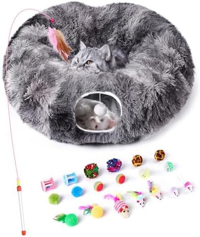 Cat Tunnel Bed with 20 Pcs Interactive Toys, 3-in-1 DIY Collapsible Plush Cat Tube with Washable Mat, Large Indoor Play Tunnel Cave for Kittens and Small Animals