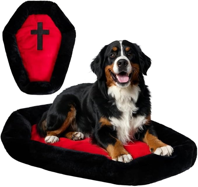 Gothic Coffin Cat Bed for Large Cats, Washable, Size: Large | Fits cats up to 25 lbs. Size: 32" x 22". Color options: Red & Black. Soft fabric, ideal Halloween decor.