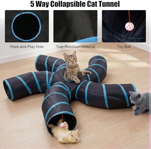 Bemodst Cat Tunnel for Indoor Cats, 5 Way Cat Tubes and Tunnels Collapsible S-Shape Small Animal Tubes Kitty Tunnels Interactive Maze Cat Toy for Kitten Rabbit Ferret - 5 Way