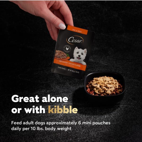Cesar Mini-Pouch Wet Dog Food, Rotisserie Chicken, 1.76 oz, 20 Count | Real chicken #1 ingredient, protein-packed, no fillers or artificial flavors, easy peel-and-serve, slow-cooked tender texture