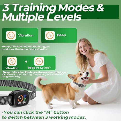 Dog Bark Collar for Large Medium Small Dogs, Smart Rechargeable Barking Collar with 5-Level Sensitivity, 3 Beep & Vibration Modes, Waterproof