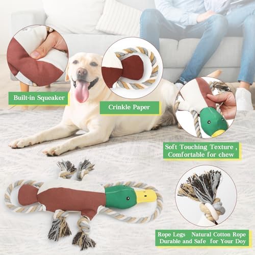Duck Dog Toys for Small Medium Dogs, Durable Canvas Fetch Tug Toy with Sliding Rope & Crinkle Paper for Boredom Relief, Squeaky Interactive Teething Puppy Chew Toys for Chihuahua Corgi Beagle