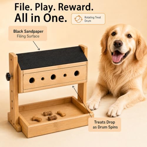Dog Nail File Toy, 3-in-1 Interactive Treat Puzzle & Nail Grinder Alternative, Adjustable Bamboo Enrichment Feeder for Anxious Dogs