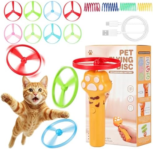 Ciieeo 1 Set Cat Toy Disc Launcher, Interactive Cat Fetch Toy Rechargeable Launcher with Flying Discs - Funny Flying Enrichment Supplies for Indoor Bored Kittens Adult Breeds