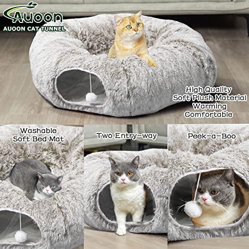 AUOON Plush Cat Tunnel Bed for Indoor Cats, 36" L x 36" W x 11.5" H, Khaki