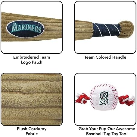 MLB Seattle Mariners Baseball Bat Toy for DOGS & CATS. Soft Corduroy Plush Dog Toy with Inner SQUEAKER, MLB Chew Toys for Dogs or Cats. Durable Fun Interactive Dog Toy with Team Names and Logo